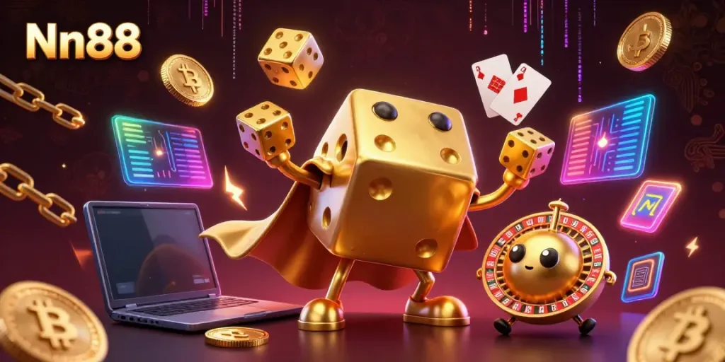 Nn88 presents a 3D illustration of a golden dice golem and crypto coins, showcasing exciting gaming elements.