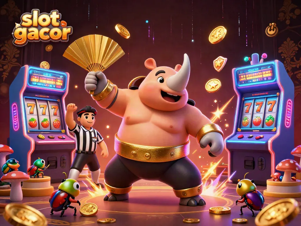 Experience the excitement of slot gacor with a vibrant 3D cartoon scene featuring a sumo beetle champion.