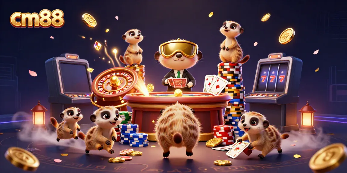 Experience thrilling gaming with cm88 as meerkats operate a vibrant casino, featuring spinning roulette wheels and sparkling chips.