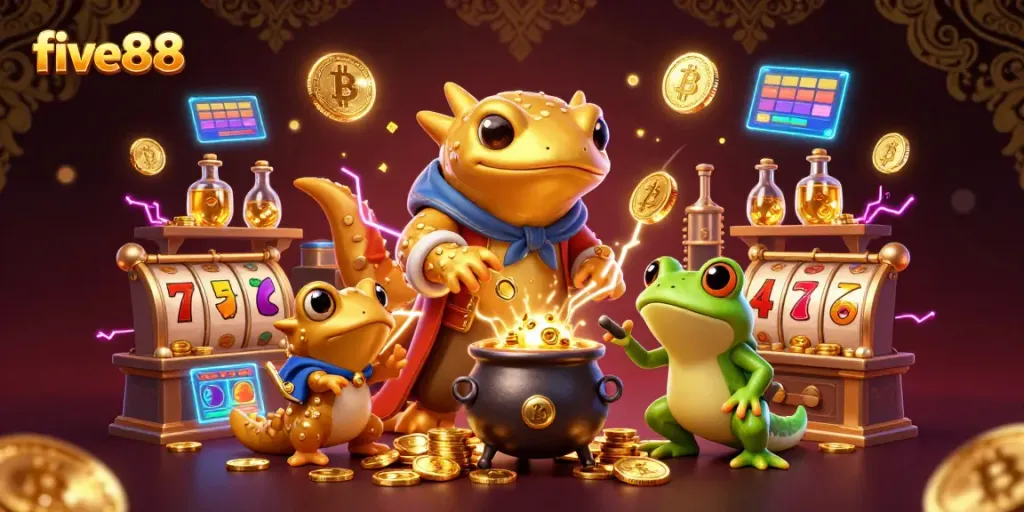 Experience the excitement of five88 with a vibrant 3D illustration of a golden salamander alchemist amidst casino elements.