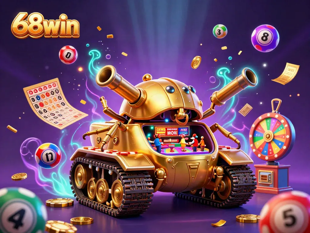 Experience the thrill of 68win with a dynamic casino scene featuring colorful lottery balls and golden rewards.