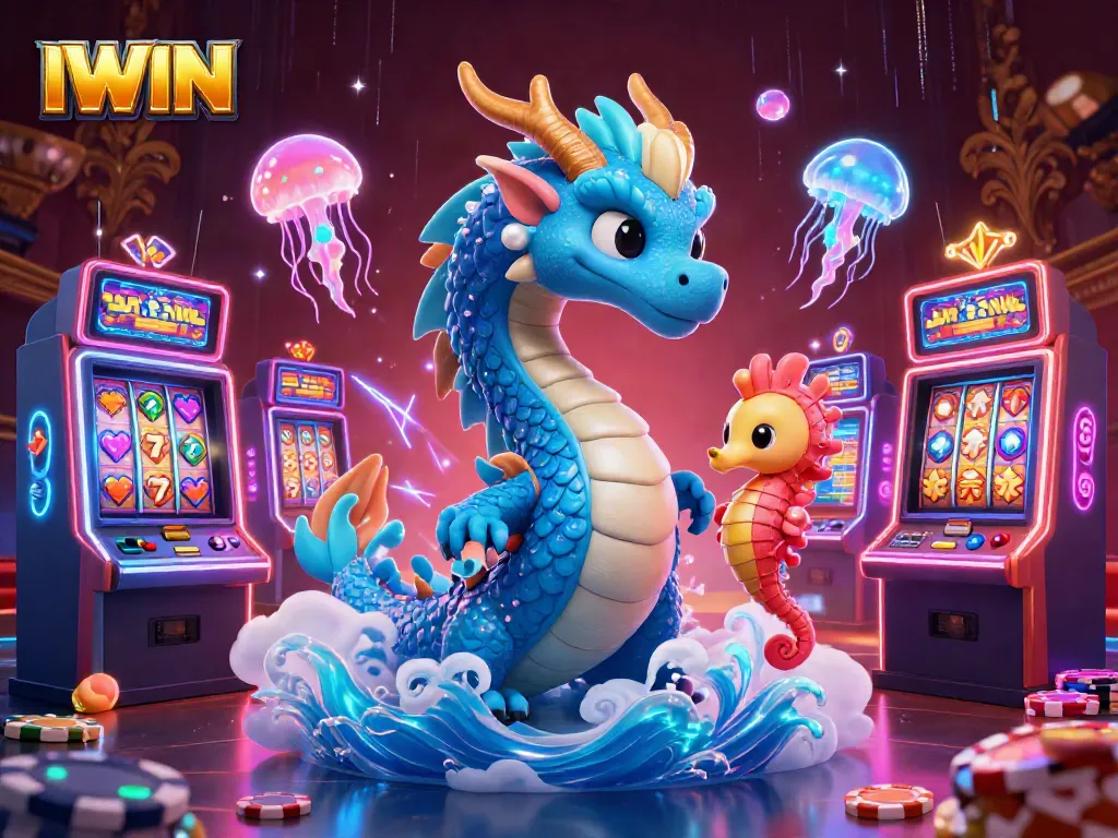 IWIN's vibrant scene showcases thrilling slot machines and fantasy creatures for players' excitement.