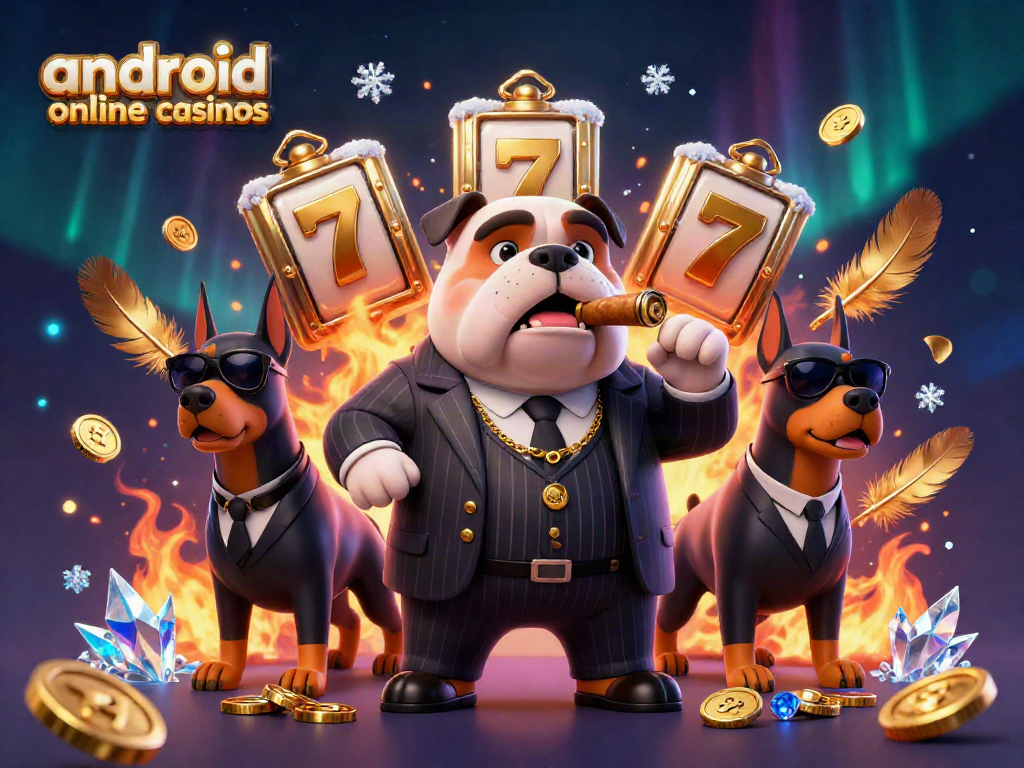 Experience premium thrills at android online casinos with a lively casino scene featuring vibrant characters and elements.