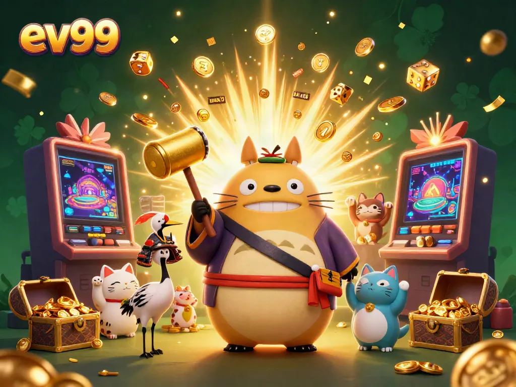 Experience excitement at ev99 with a vibrant casino scene featuring a tanuki and lucky symbols.