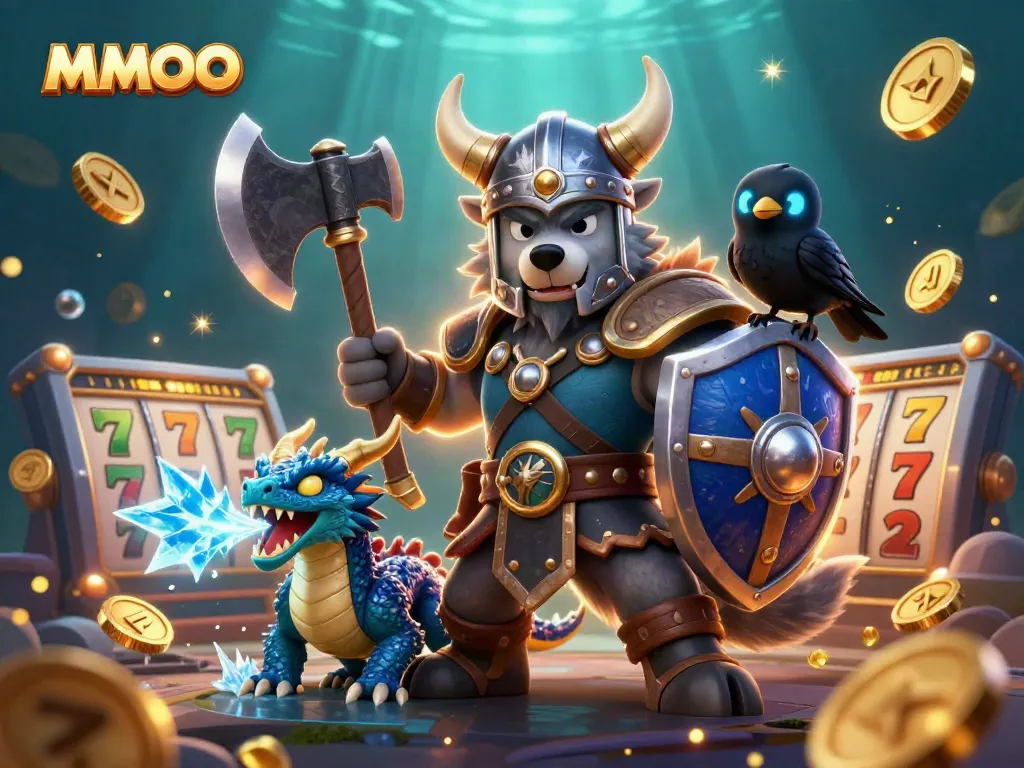 Engage with MMOO slots as the Viking wolf warrior faces challenges, surrounded by dynamic casino elements.